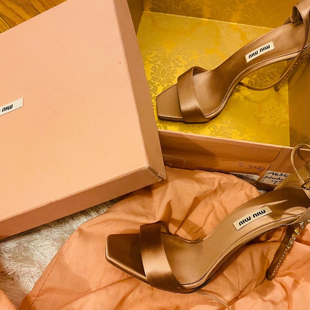 Miu Miu Heel Sandals Satin Swaroski Crystal Jewel